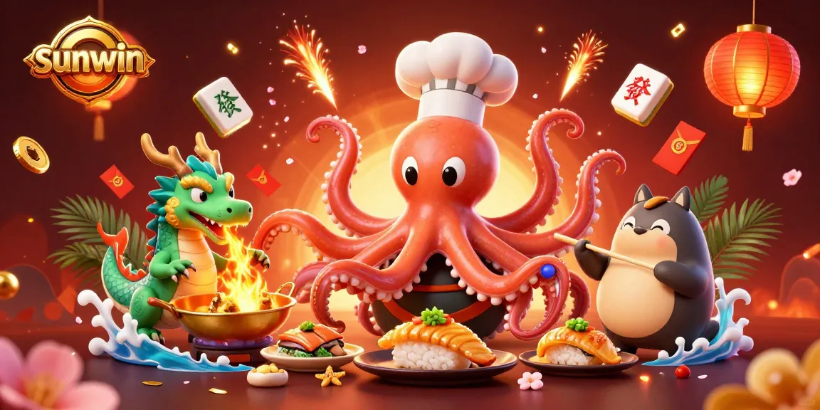 Experience sunwin's vibrant gaming scene with dynamic 3D characters and festive casino elements.