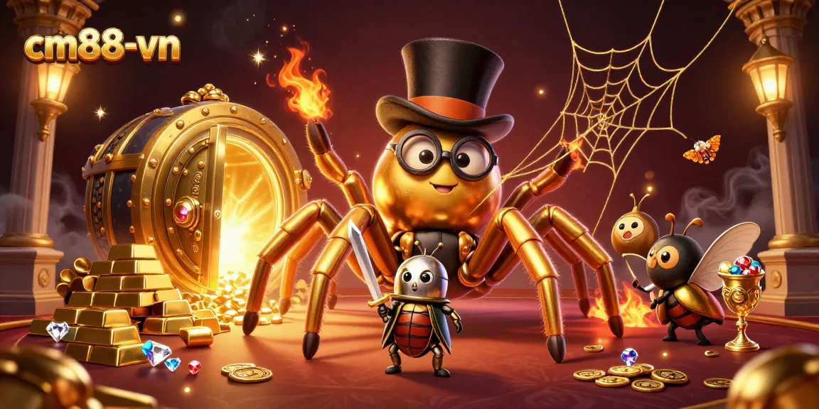 Engage with cm88-vn's thrilling gaming experience with a golden tarantula weaving a treasure web.