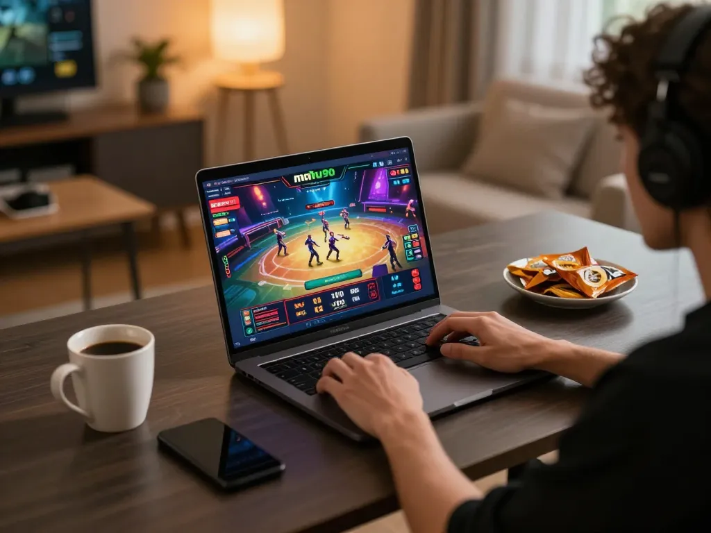 Nohu90 player engaging with online gaming interface at home desk, showcasing immersive casino gameplay