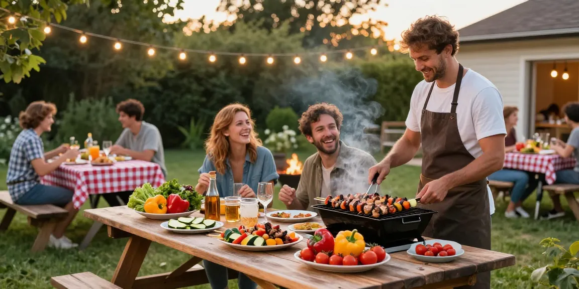Suasana barbeque di halaman belakang dengan kebabs dan sayuran, menyajikan BOS88 Link Alternatif dengan suasana meriah.