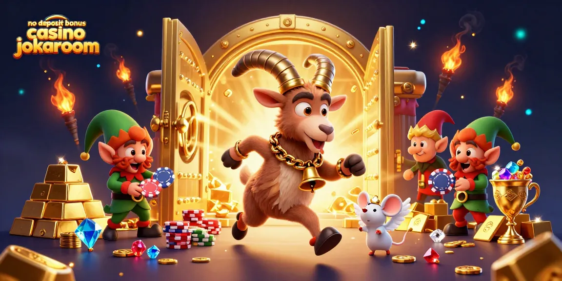 No deposit bonus casino jokaroom scene with Krampus, angel mouse, and gremlins in a vibrant casino atmosphere
