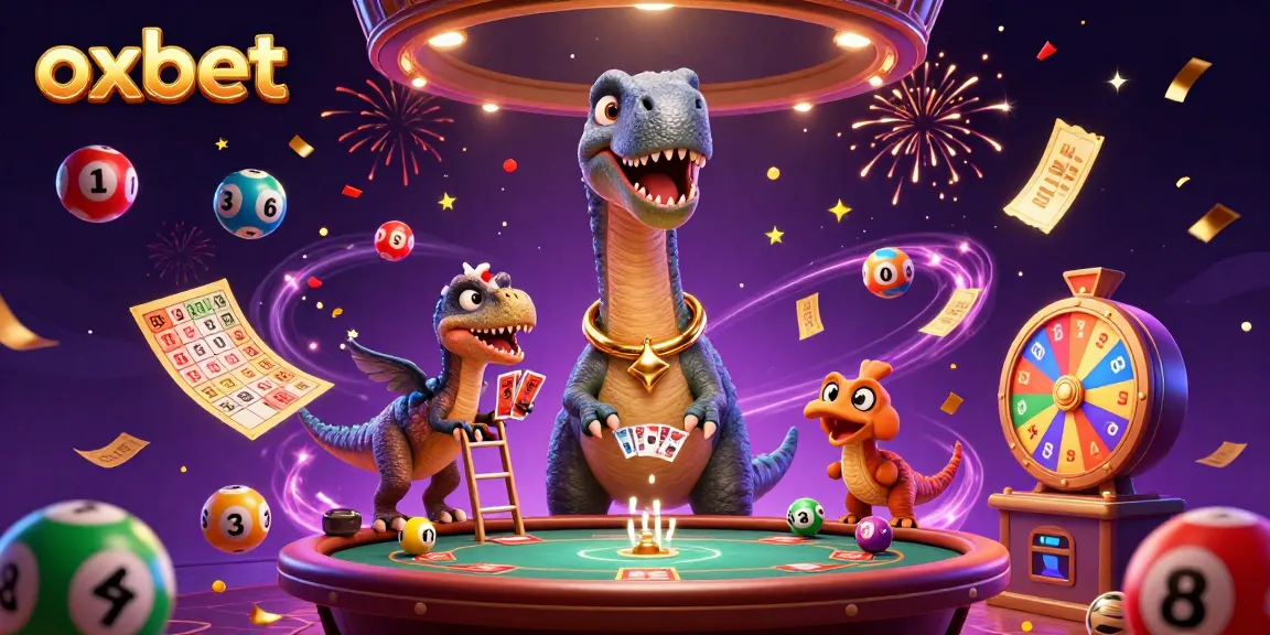 oxbet's exciting game scene features a towering dinosaur and dynamic lottery elements