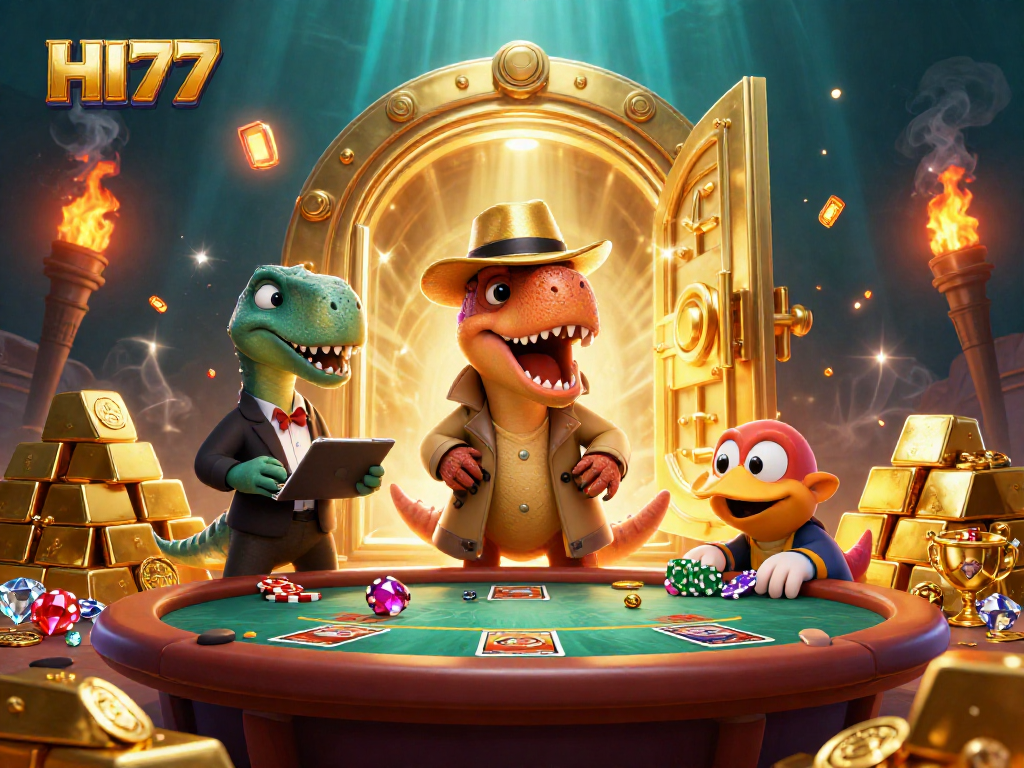 HI77 velociraptor card counter sneaking chips at a blackjack table in a vibrant casino.