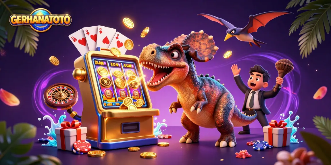 GERHANATOTO menangkan jackpot dengan mesin slot emas yang dipukul dinosaurus kartun 3D.