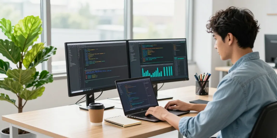 快连 developer optimizing software in a modern workspace with dual monitors.