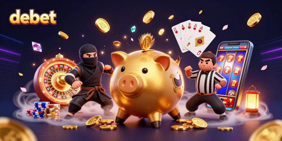 Experience debet gaming with thrilling elements including colorful coins, cards, and characters.