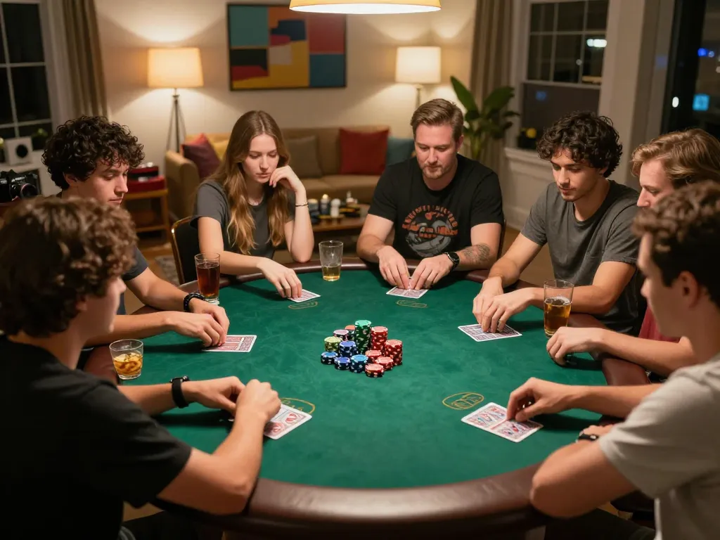 Daga enthusiasts placing bets during an engaging poker game at home with friends