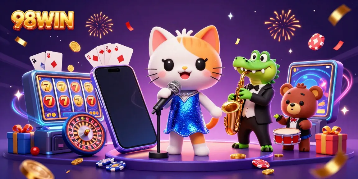 Experience thrilling 98WIN casino vibes with a lively cartoon scene of gaming excitement!