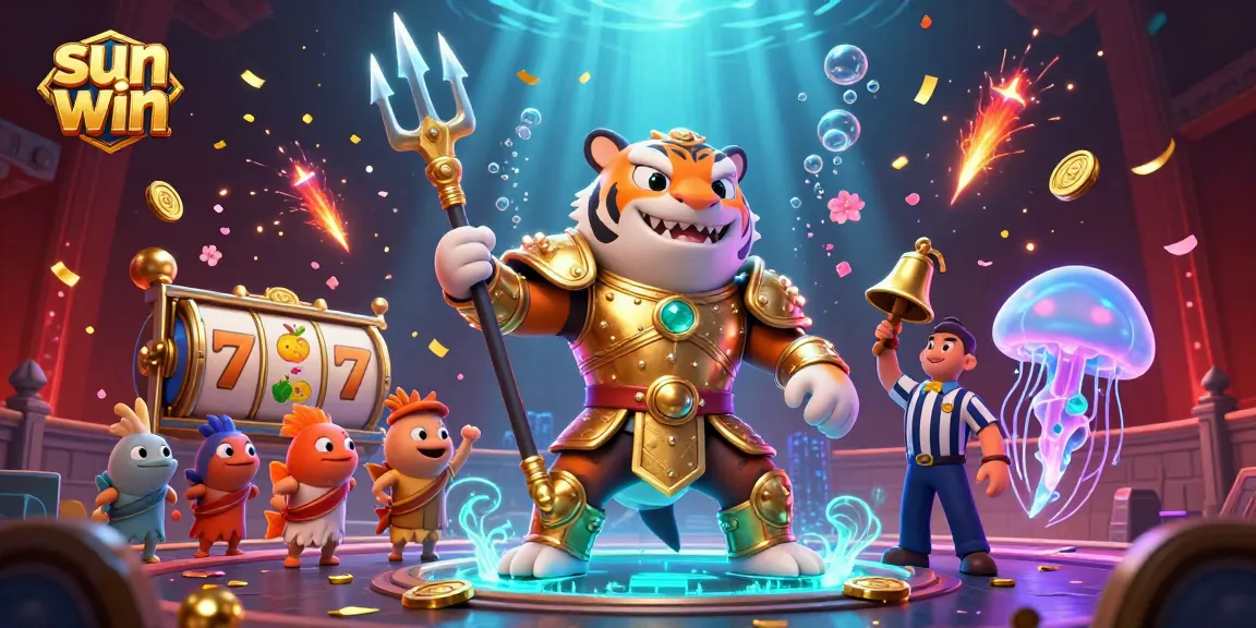 Experience sun win in a vibrant underwater casino with a tiger shark in gladiator armor amidst dynamic slot elements.