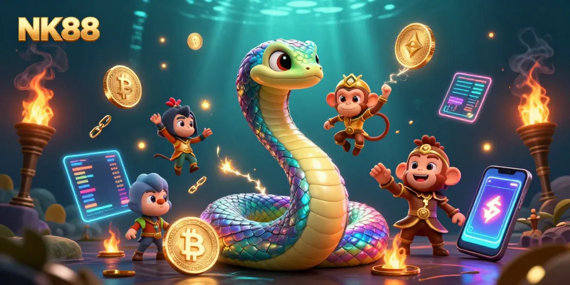 Engage with NK88's dynamic gaming experience through a vibrant 3D illustration filled with playful characters and crypto elements.