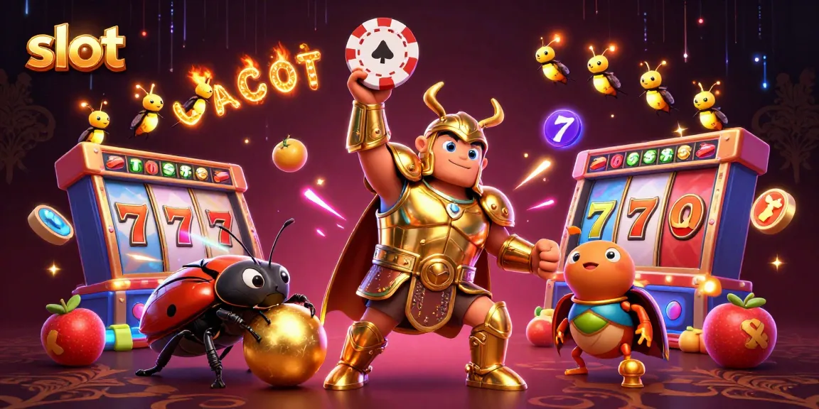 Play exciting slot games with the victorious hercules beetle and friends in this vibrant jackpot scene.