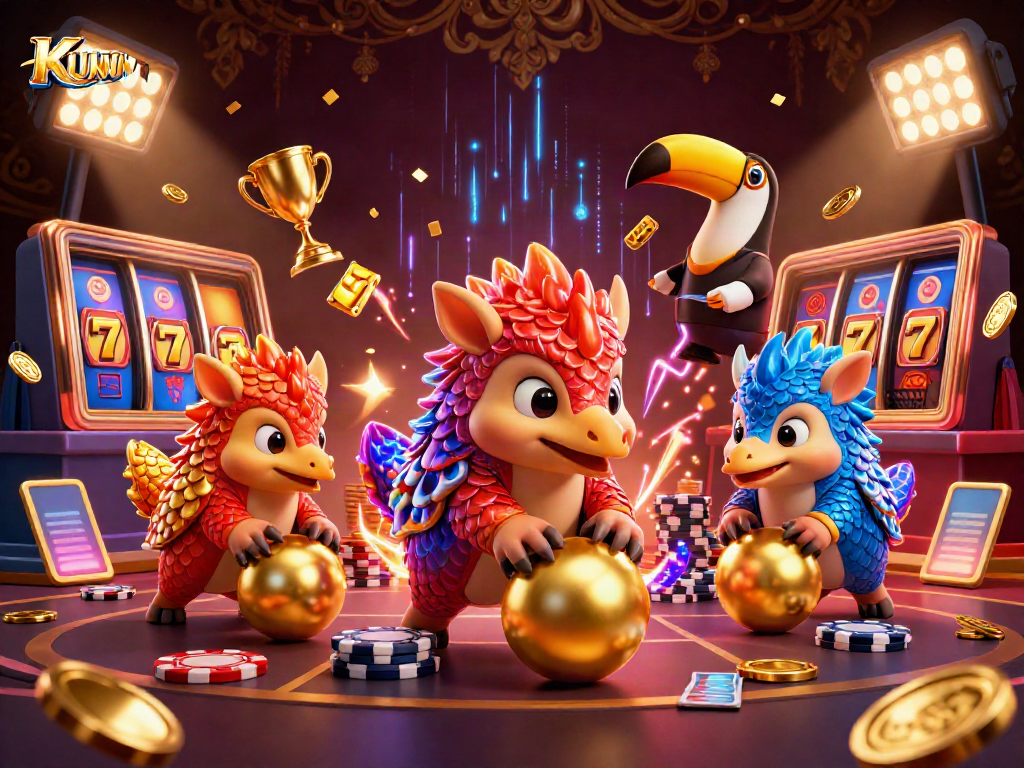 KUWIN pangolins bowling poker chips in an ultra-detailed 3D casino scene with slot elements.
