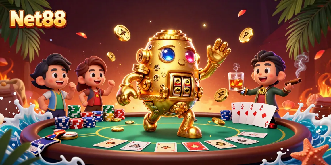 Experience the thrill of Net88 with a vibrant 3D illustration featuring casino games and golden elements.