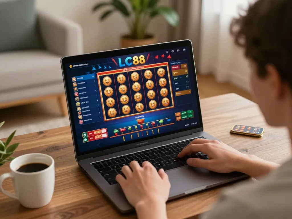 Engaging with the LC88 link during an exciting online gaming session in a cozy home atmosphere.