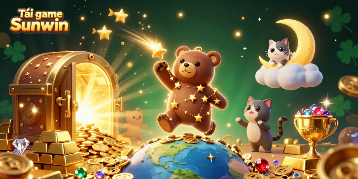 Experience Tải game Sunwin with a delightful 3D illustration full of exciting casino elements, treasures, and characters.