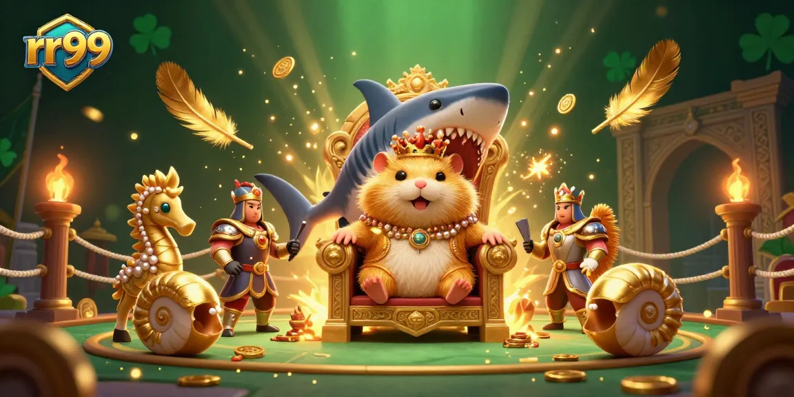 Experience thrilling action with rr99 in this vibrant casino-themed illustration featuring a hamster king and royal seahorses.