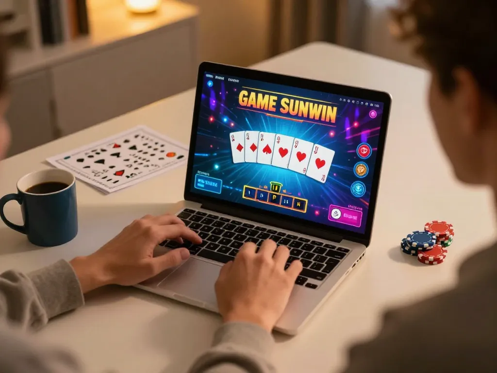 Engaging in GAME SUNWIN online poker at home with colorful interface and strategic notes visible