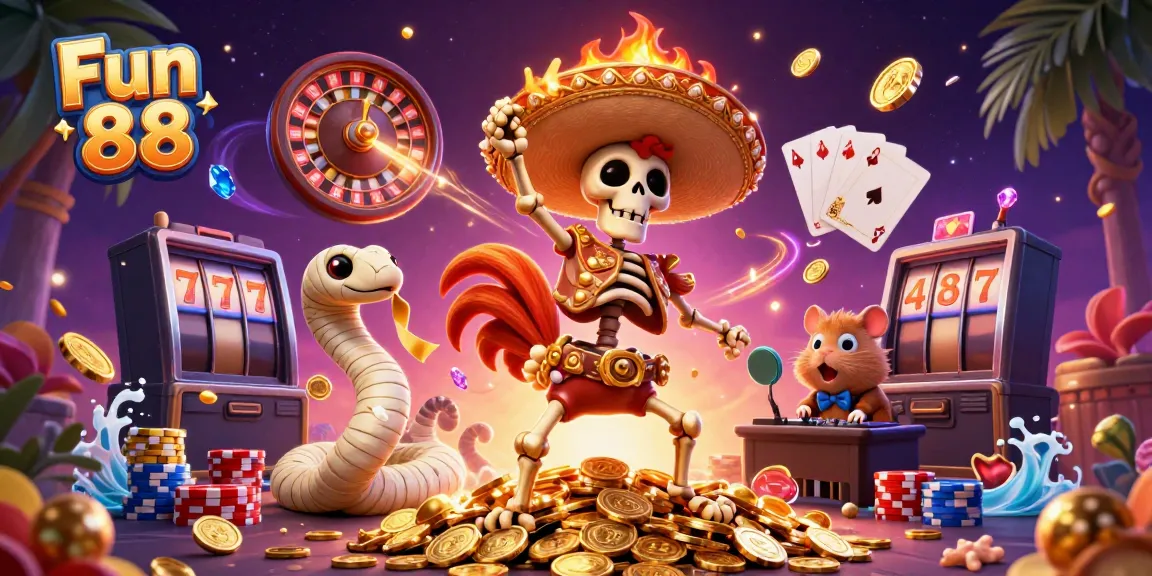 Experience Fun 88's vibrant gaming scene with the mariachi rooster celebrating amidst gold coins.