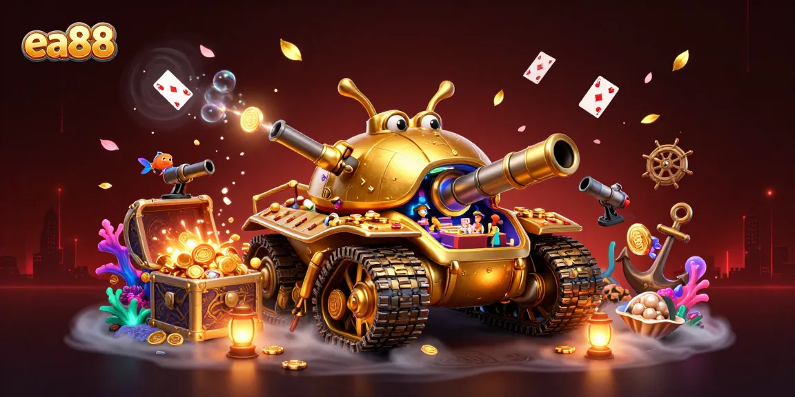 ea88 players enjoy a vibrant casino adventure inside a golden beetle tank, celebrating wins with confetti.
