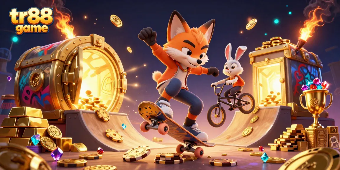 Engage in the thrilling tr88 game as a fox skateboarder flips over golden poker chips among casino treasures.