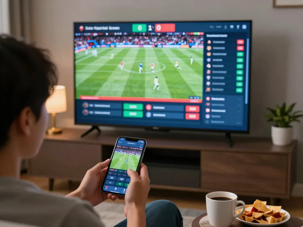 Excited sports bettor analyzing ty le keo nha cai on smartphone during a live game.