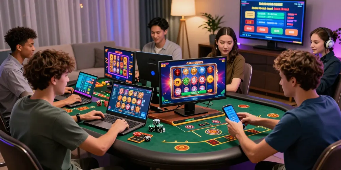 Excited players at the best casinos not on Gamstop, engaged in a lively online gaming environment with vibrant screens and casino elements.