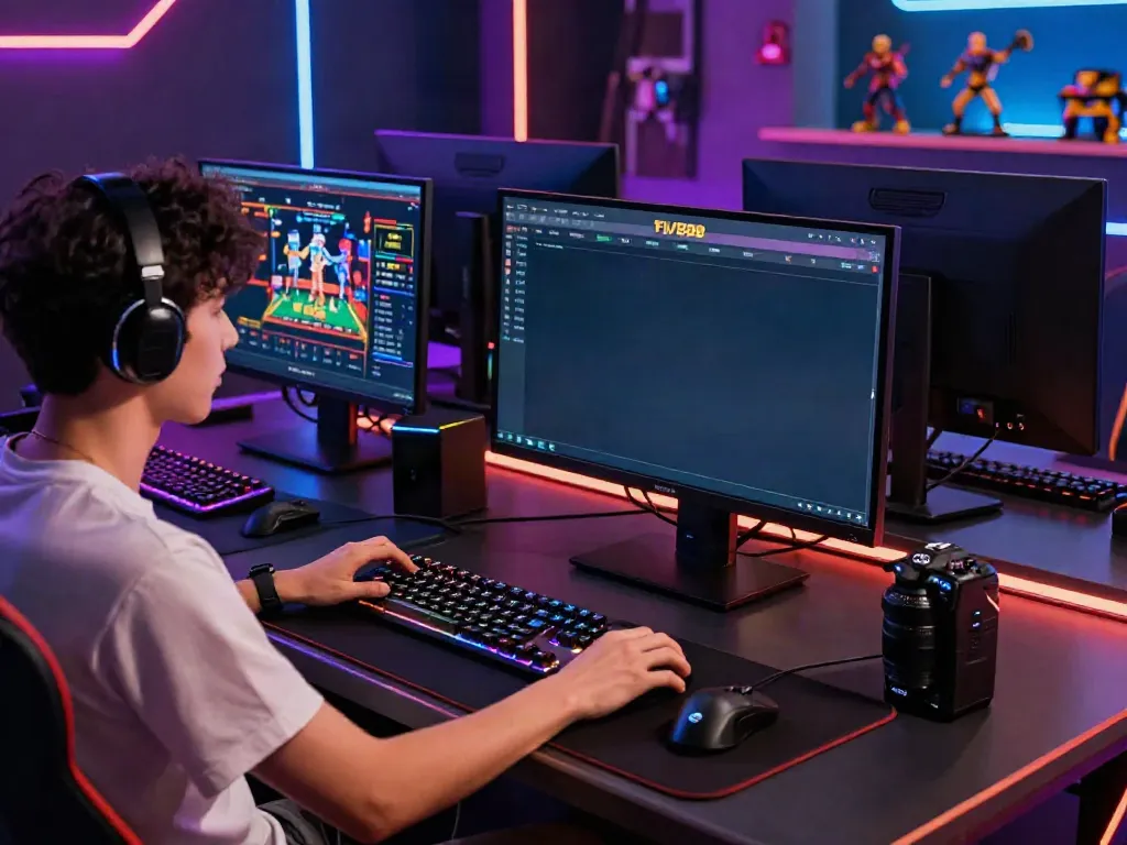 Engaged gamer exploring the FIVE88 online casino on a dual-monitor setup.