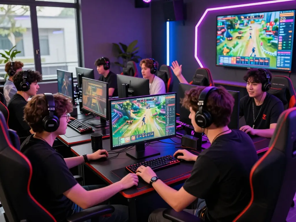 Players engaging in MM88 online gaming tournament in vibrant, modern environment.