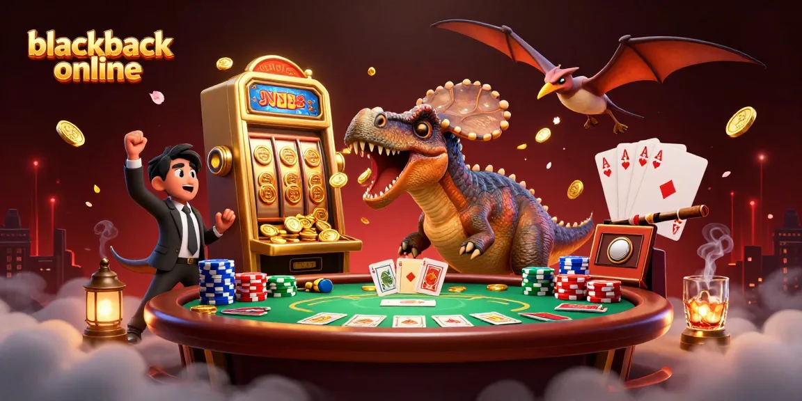 Engage with blackjack online featuring a dynamic scene of cartoon dinosaurs at a casino.