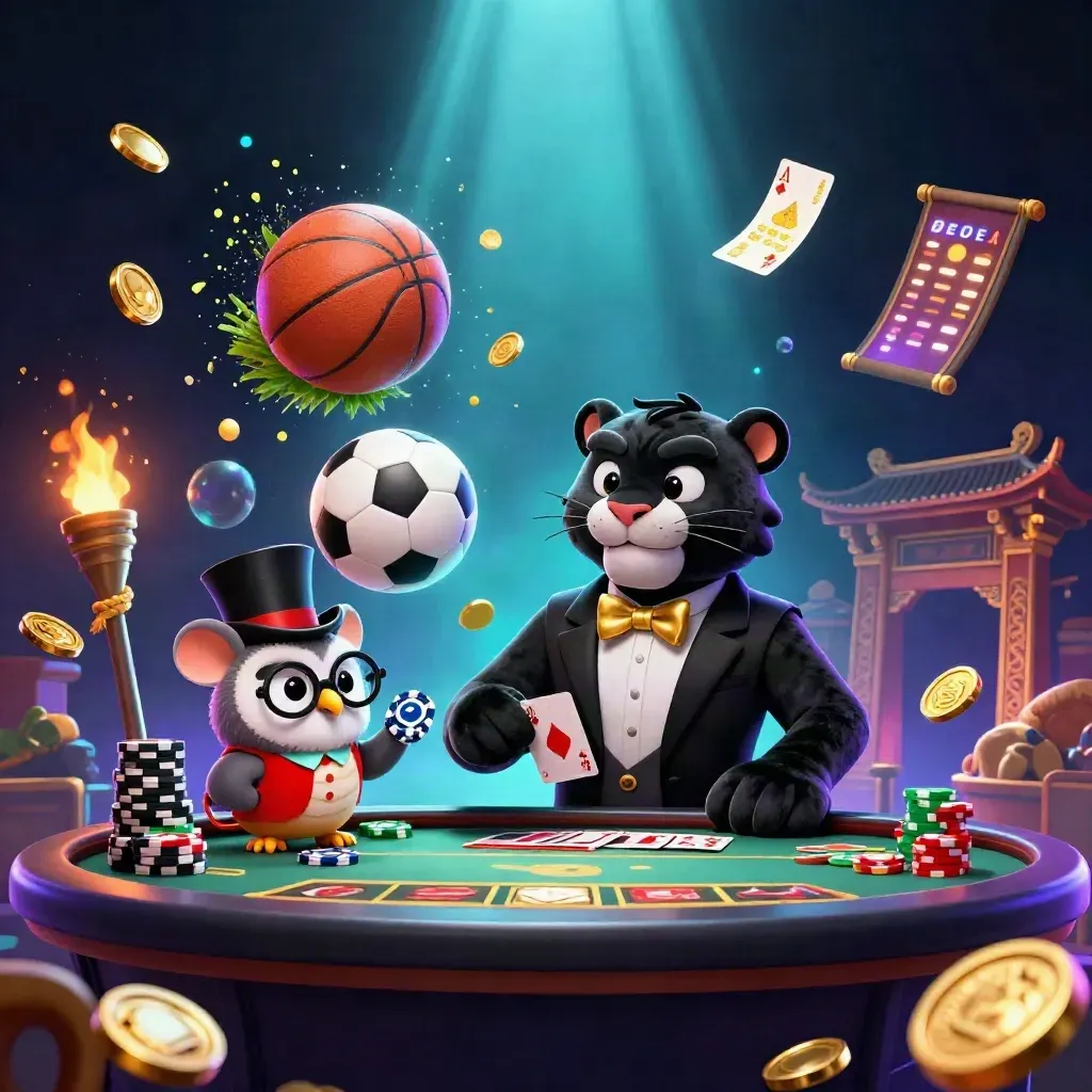 Panther, owl, and mouse amid flying chips, balls, and casino glow in a dark premium fantasy scene