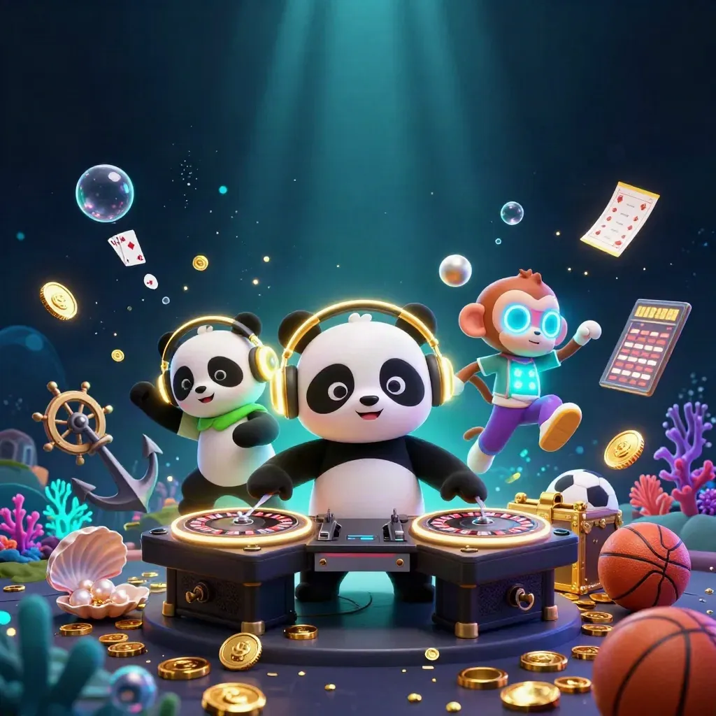 DJ panda, dancing monkey and glow-stick kitten in a gold coin treasure cove with sports props.