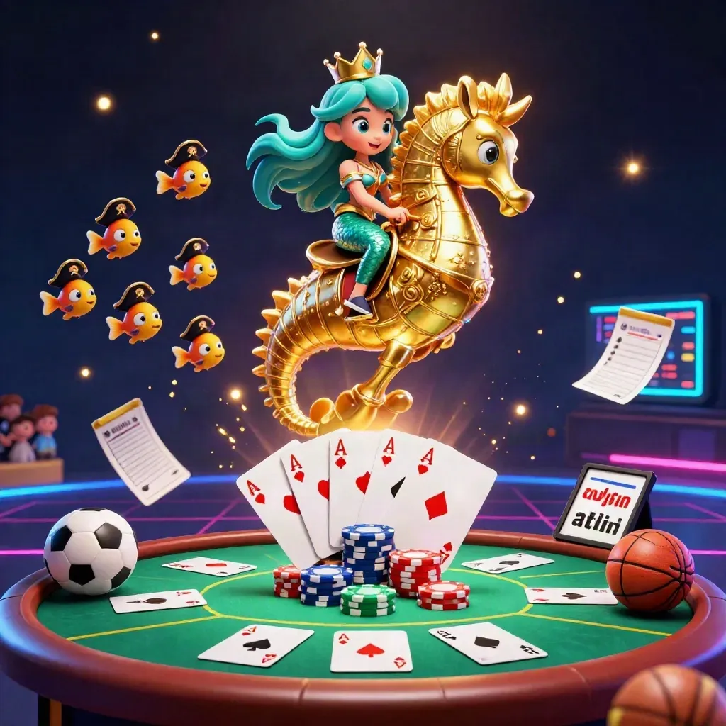 Mermaid princess on armored seahorse amid casino chips, cards, and glowing sports props.