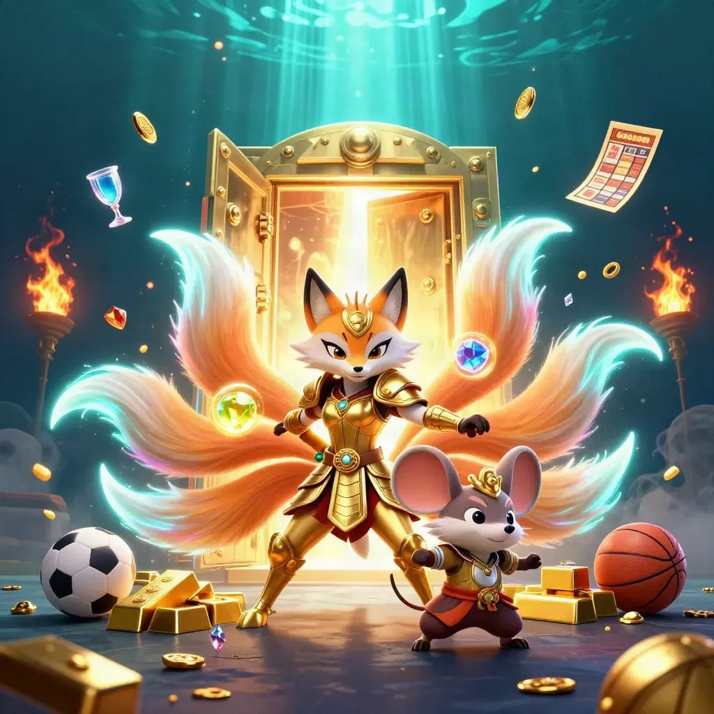 Fox spirit and armor-clad mouse amid gold, gems, balls, and a vault burst glow.
