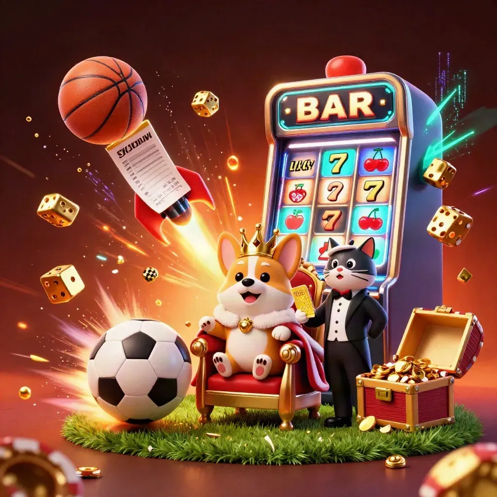 Crowned corgi and cat butler amid exploding slot machine, sports balls and gold sparks.