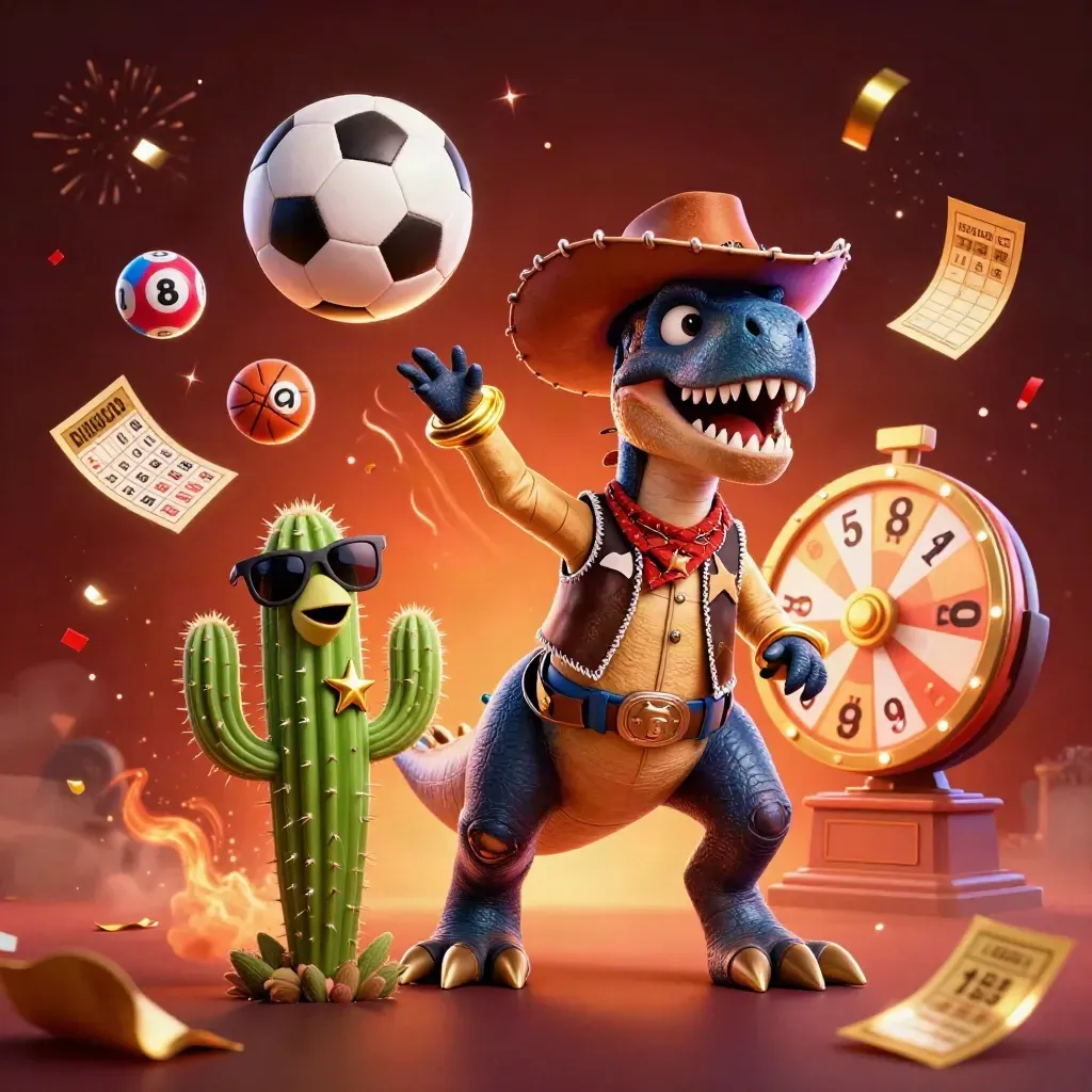 Cowboy T-Rex, cactus, and roadrunner burst through casino-sport chaos in neon gold and teal.