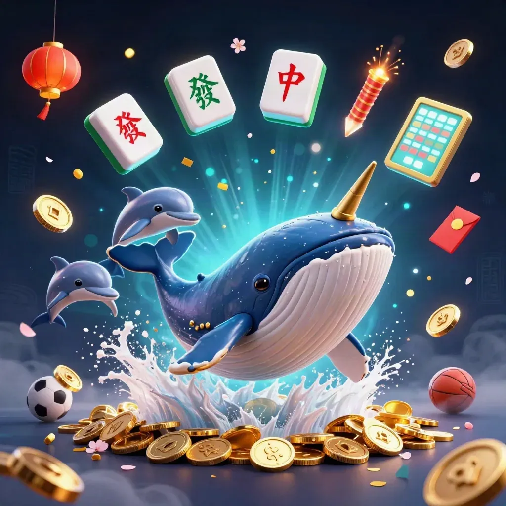 Whale captain, narwhal, dolphins, coins, lanterns, jade, fireworks, and betting props in a dark luxe casino scene.