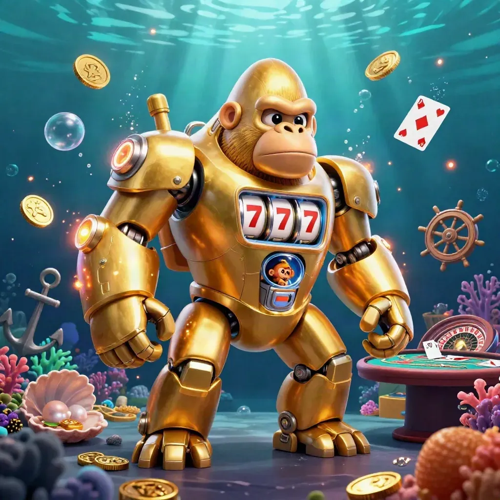Golden gorilla mech with tiny monkey pilot amid underwater casino treasure and glowing light