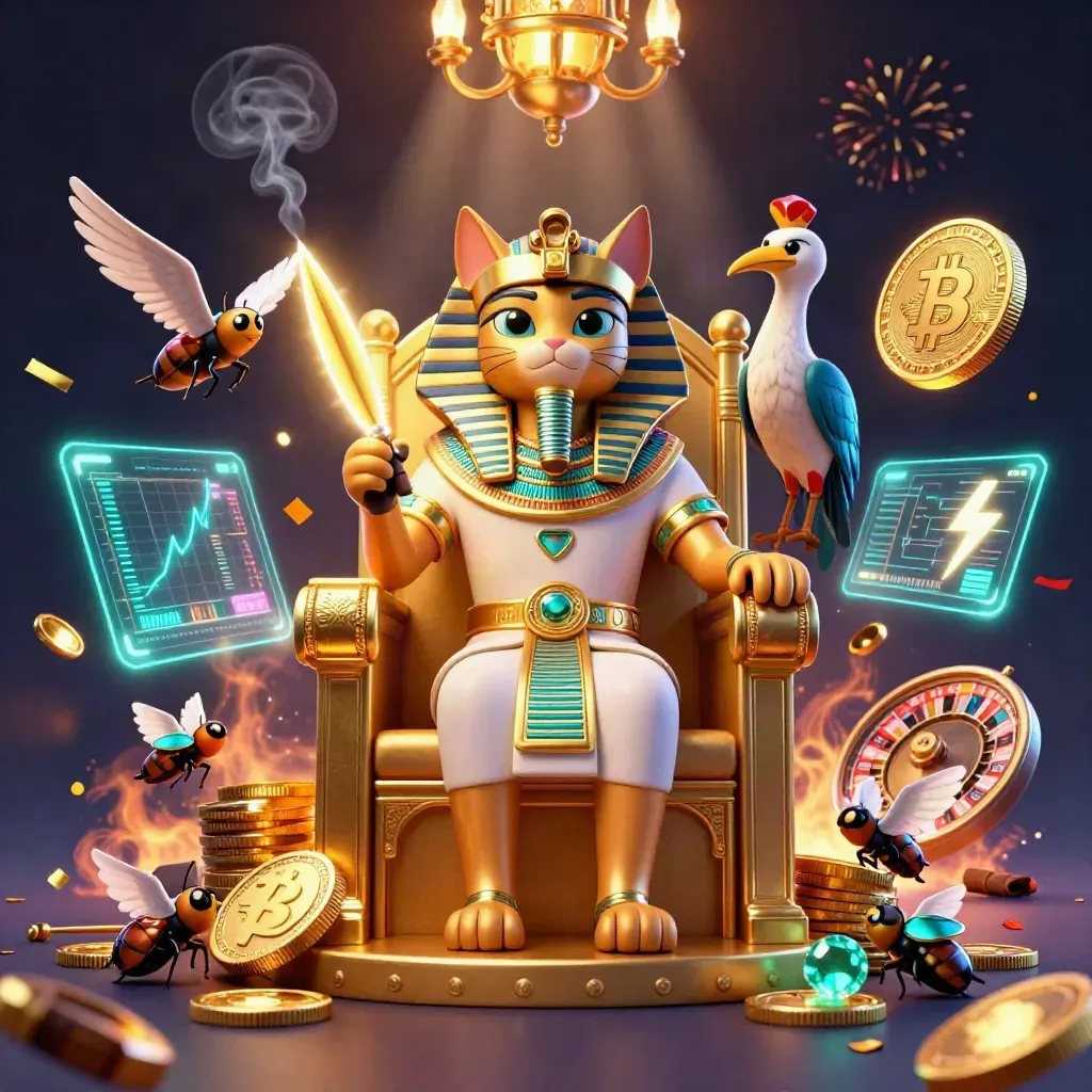 Pharaoh cat on a golden throne with an ibis scribe and gem-winged scarabs in a neon casino scene.
