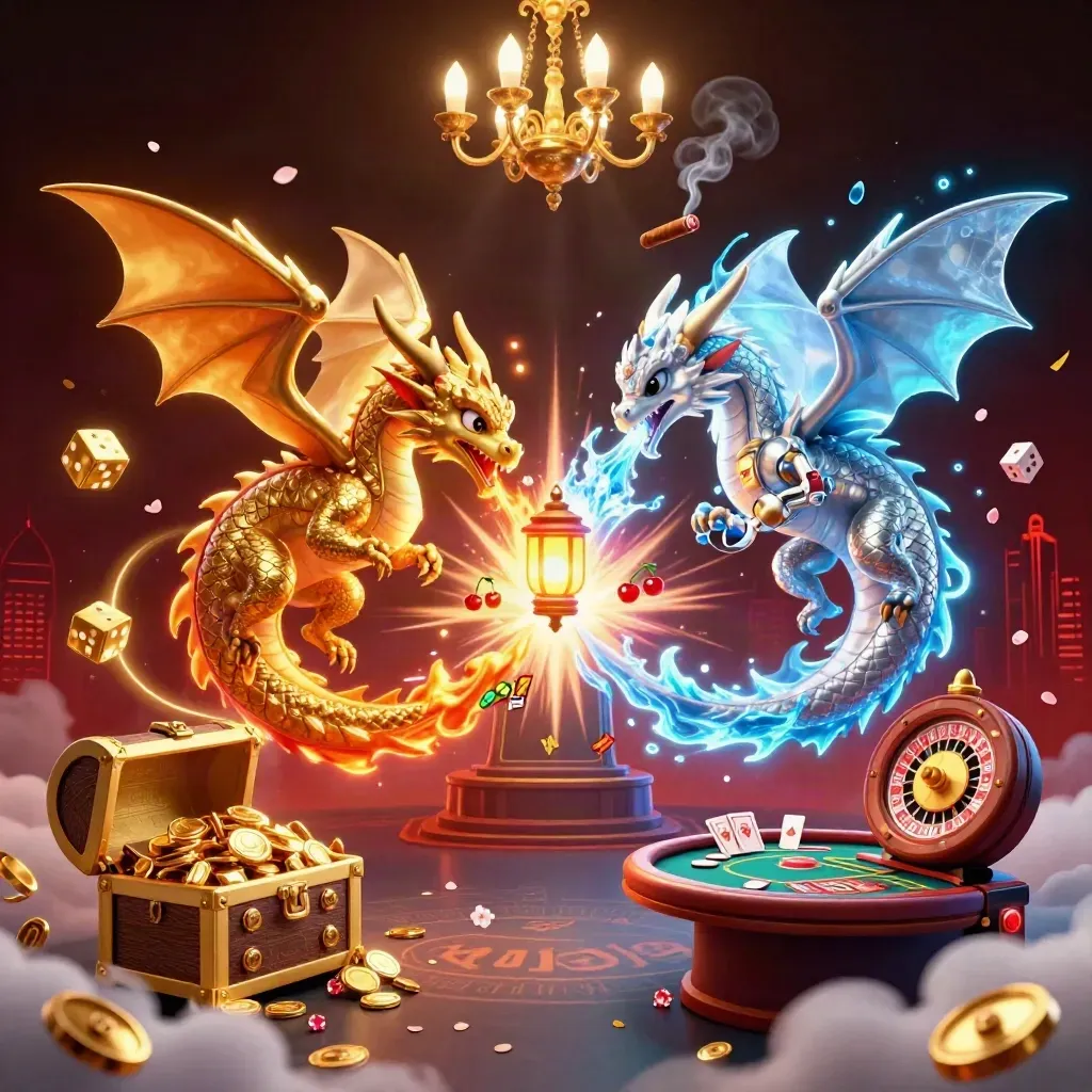 Twin gold and silver dragons in a yin-yang flight above a glowing casino scene with slots and dice.