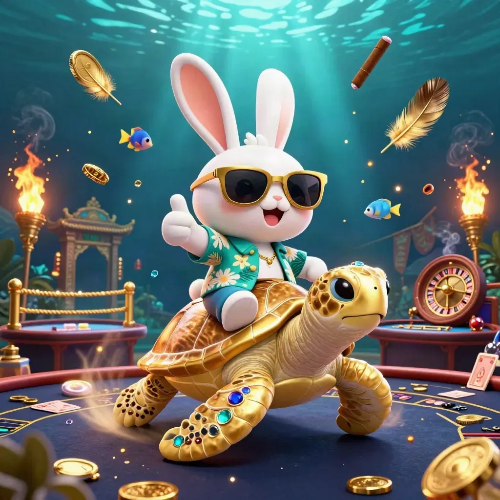 Lucky rabbit on golden sea turtle in neon casino undersea scene with roulette wheel and temple gate