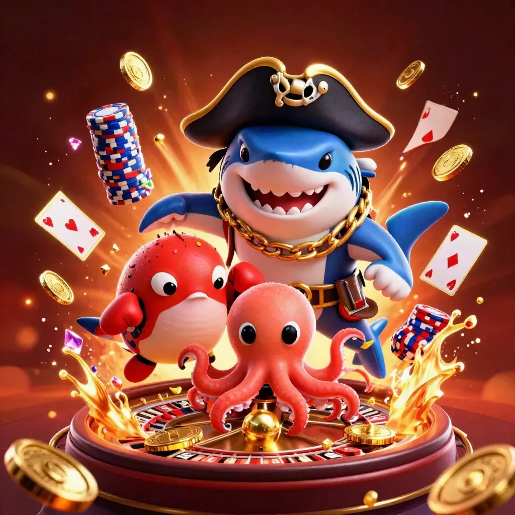 Pirate shark, boxing pufferfish, and coin-juggling octopus in explosive casino action