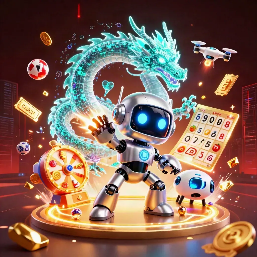 Cyberpunk robot, holographic dragon and coin drone burst with gold, gems and neon energy.