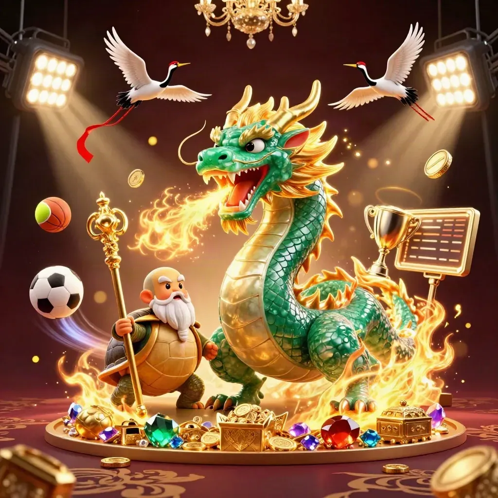 Dragon, turtle sage, and cranes burst amid sports balls, coins, and gold fire in a luxe casino scene.