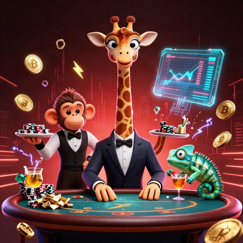 Giraffe high-roller, monkey valet, and chameleon bartender amid coins, lightning, and casino glow