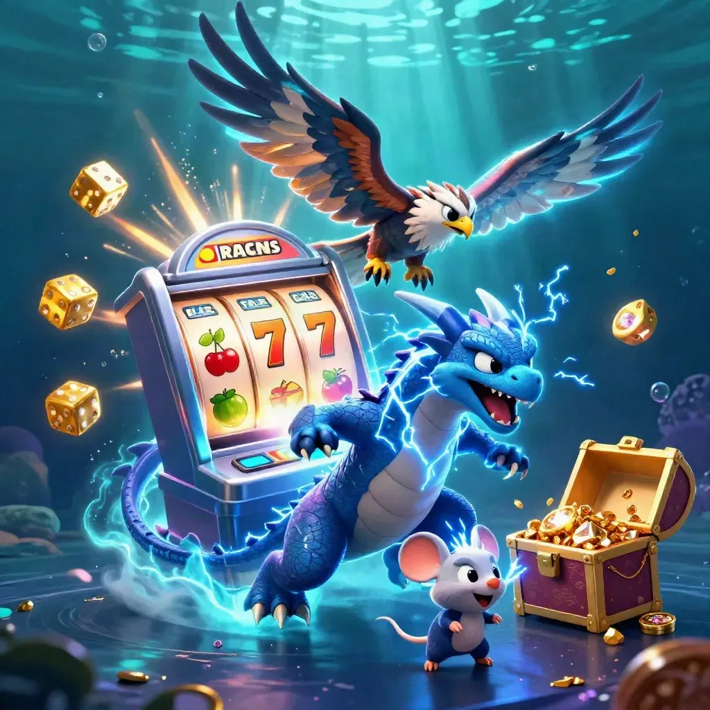 Thunder dragon, wind hawk, and thunder-mouse burst from a slot machine with gold and gems underwater.
