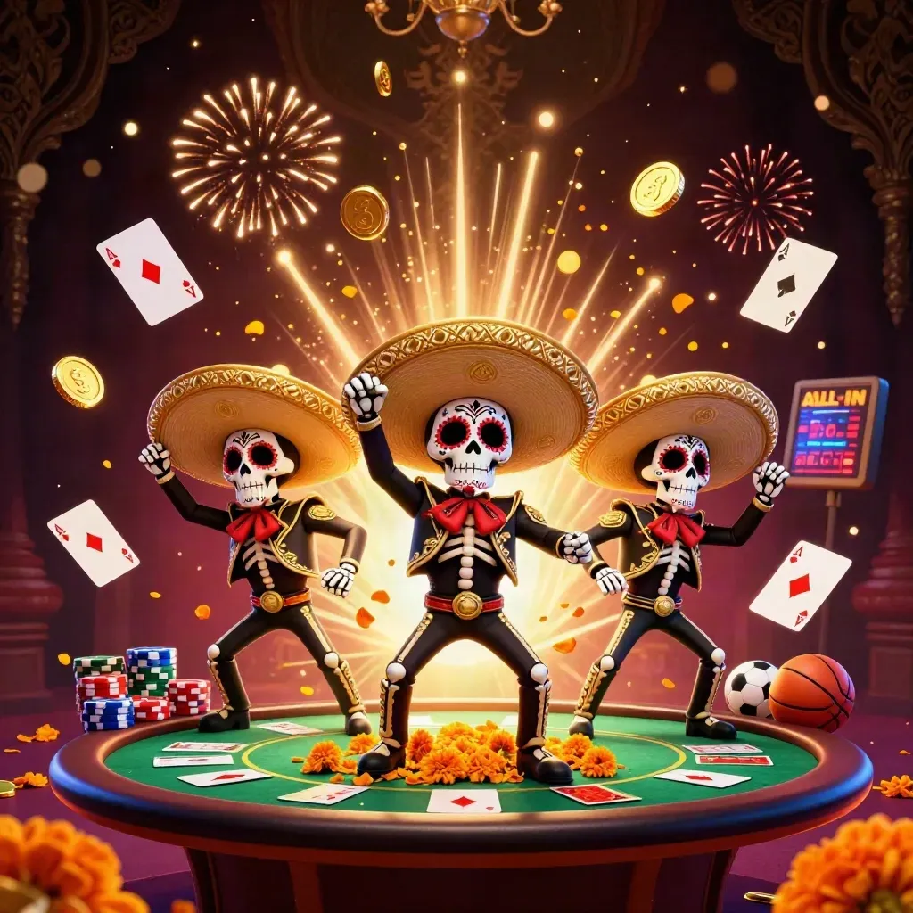 Skeleton mariachi trio amid gold coins, poker chips, cards, and fireworks in a luxe casino scene.