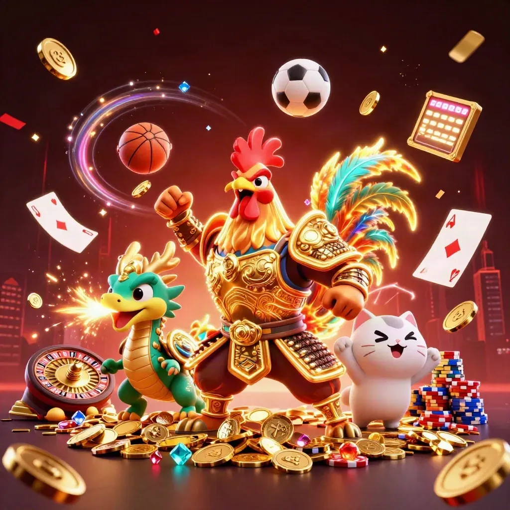 Rooster warrior, dragon hatchling, and fortune cat amid coins, fireworks, chips, and sports gear.