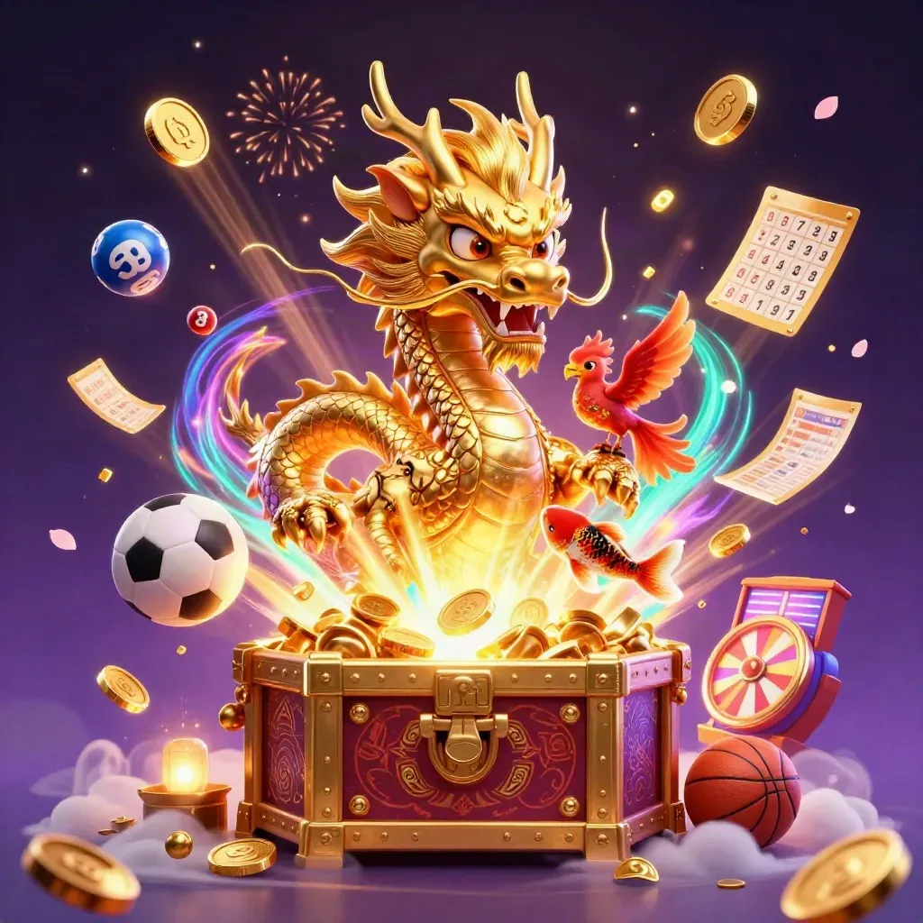 Golden dragon, phoenix, koi, treasure burst, coins, fireworks, and sports betting icons in a neon casino scene.