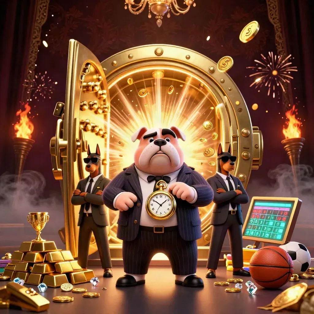 Bulldog boss and Dobermans amid vault treasure, coins, gems, and casino-glam lighting.