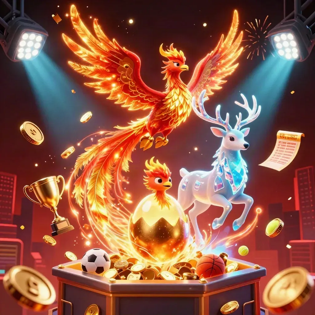 Phoenix, hatching egg, crystal stag, coins, trophy, balls, and fireworks in a luxe casino burst